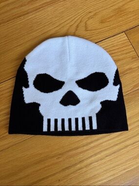 Skull Beanie Hat in Black and White